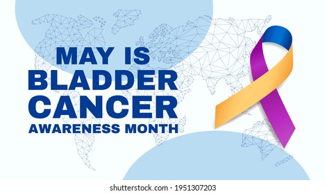 Bladder cancer awareness month concept. Banner with world map, text and blue, yellow, and purple ribbon.  Vector illustration. 

