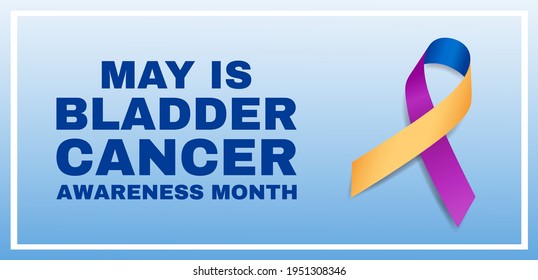 Bladder cancer awareness month concept. Banner with text and blue, yellow, and purple ribbon.  Vector illustration. 