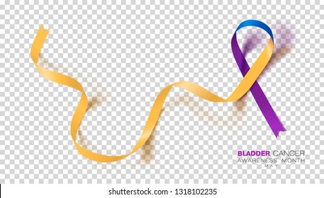 Bladder Cancer Awareness Month. Marigold And Blue And Purple Color Ribbon Isolated On Transparent Background. Vector Design Template For Poster.