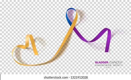 Bladder Cancer Awareness Month. Marigold And Blue And Purple Color Ribbon Isolated On Transparent Background. Vector Design Template For Poster.