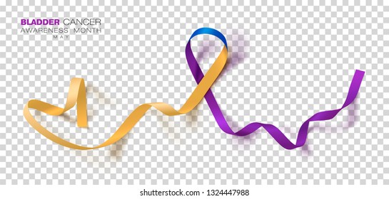 Bladder Cancer Awareness Month. Marigold And Blue And Purple Color Ribbon Isolated On Transparent Background. Vector Design Template For Poster.
