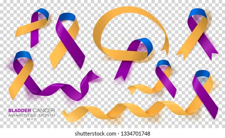 Bladder Cancer Awareness Month. Marigold And Blue And Purple Color Ribbon Isolated On Transparent Background. Vector Design Template For Poster.