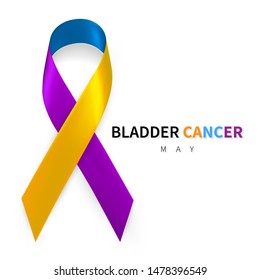 Bladder Cancer Awareness Month. Realistic Marigold Blue Purple ribbon symbol. Medical Design. Vector illustration.
