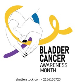 BLADDER CANCER AWARENESS MONTH. Vector cartoon illustration of  hands with a heart shape holding a ribbon.