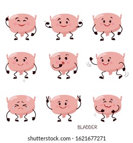 Bladder cartoon characters set. Collection of Cute human internal organ with different emotions, caricature, animation. Vector illustration