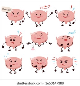 Bladder cartoon characters set. Collection of Cute human internal organ with different emotions, caricature, animation. Vector illustration