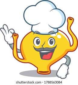 Estilo de diseño de caricatura del chef de la escalera con sombrero blanco