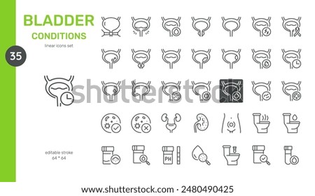 Bladder Conditions Vector Icons Set. Illustrations of Various Bladder Issues, Including Infections, Stones, Urinary Problems, Diagnostic Tests, and Treatment Options. Editable Symbols Collection.