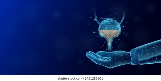 Bladder floats in the nurse doctor hand. Human organ low poly polygon style. On dark blue background with empty copy space for text. Medical health care concept. Vector illustration.