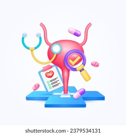 Bladder health care with doctor. Pills, Document form board and stethoscope with check mark in magnifying glass looking diagnosis floating on cross medical symbols. 3d cartoon icon organ vector.