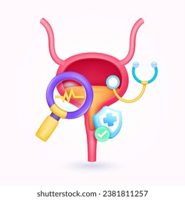 Bladder health check up with doctor. Yellow heart pulse in magnifying glass looking bladder diagnosis and shield symbol cross, check mark button. Medical health care. 3d icon organ anatomy vector.