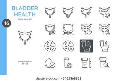 Conjunto de iconos de salud vesical. Iconos lineales de condiciones de la vejiga, diagnóstico y tratamiento. Incluye síntomas, infecciones, cáncer y salud urinaria. Colección de letrero de Vector editable.