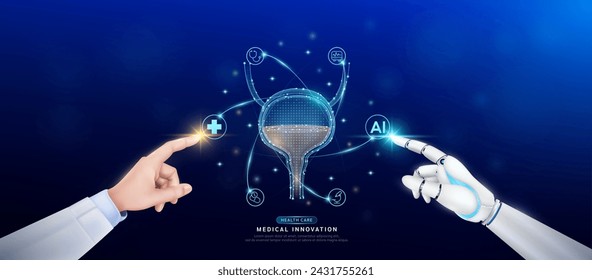 Bladder human in atom. Doctor and robot finger touching icon AI cross symbol. Health care too artificial intelligence cyborg or technology innovation science medical futuristic. Banner vector EPS10.
