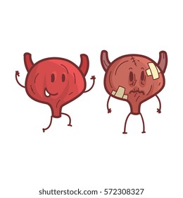 Bladder Human Internal Organ Healthy Vs Unhealthy, Medical Anatomic Funny Cartoon Character Pair In Comparison Happy Against Sick And Damaged