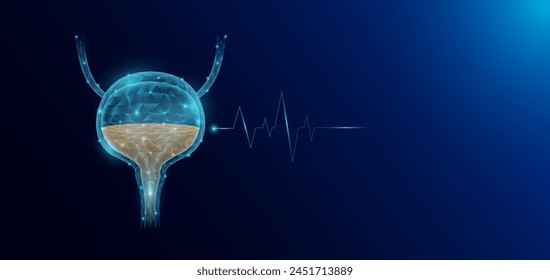 Anatomía de órganos humanos de la vejiga en forma de polígono bajo poli futurista y onda de pulso brillante. Anuncio de Plantilla de ciencias médicas con espacio vacío para texto. Ilustración del EPS10 del Vector.