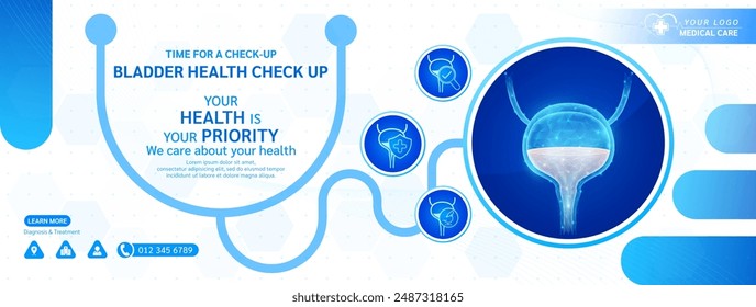 Bladder human in stethoscope frame. Medical health care check up. Magnifying glass examining organ icon. Template design background banner for medical ads social media editable. Vector.