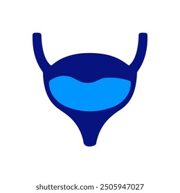 Bladder icon, outlined in dark blue, simple bold design, light blue inner section, geometric shapes, white background, clear and clean, urinary system symbol, fluid storage representation, health.