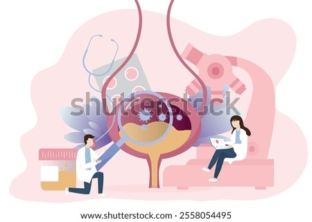  Bladder infection concept. The doctor examines and diagnoses urinary tract disease. Urinary Tract Infections Virus in the bladder. Infection and inflammation of internal organ.