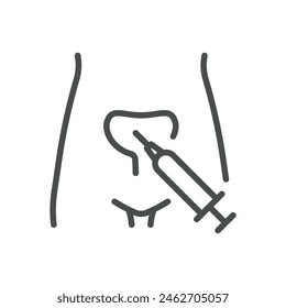 Bladder Injection Icon. Vector Line Illustration of Syringe Administering Injection to Bladder, Representing Medical Treatment Procedure. Isolated Outline Medical Sign.