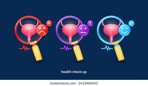 Bladder in magnifying glass looking diagnose with icon sadly face worried and smiling. Pulse, thunder, exclamation, check mark. Medical health care check up. 3d organ anatomy cartoon vector.