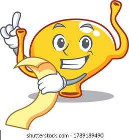 Bladder mascot character design with a menu on his hand