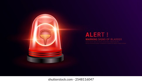 Bladder organ human inside red siren light. Danger signs of bladder disease. Warning flasher alert emergency. Medical distress signal. Vector EPS10.