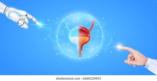 Polígono de modelo de forma realista da bexiga em cúpula translúcida com ícones de rede médica. Ciborgue colaboração humana. Doutor dedo robô tocando mais sinal AI. Tecnologia de cuidados de saúde digital.