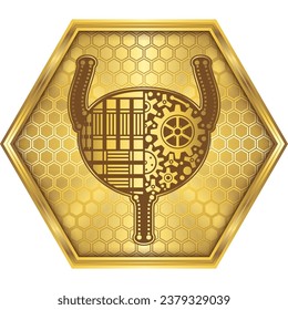 Blase, Harnsystem, Urologie, Harntrakt, Human Organ Biomedical Engineering Cybernetic Robotic Futuristic Nanotechnology Symbol Logo-Button Design Golden Hexagon auf weißem Hintergrund