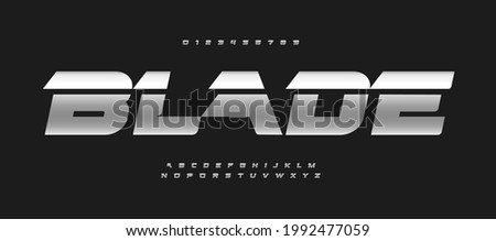 Blade alphabet bold italic font letters. Auto logo typography, iron metallic vector typographic. Drive letter set for game logo, speed headline, race title, fit and run lettering. Steel type Foto stock © 