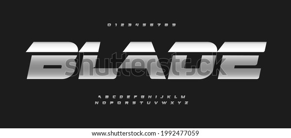 Blade alphabet bold italic font letters. Auto logo\
typography, iron metallic vector typographic. Drive letter set for\
game logo, speed headline, race title, fit and run lettering. Steel\
type