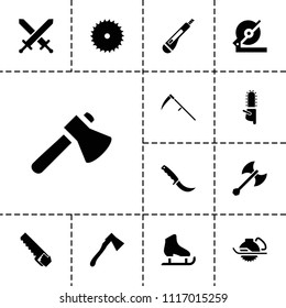Blade icon. collection of 13 blade filled icons such as axe, circular saw, electric saw, axe weapon, ice skate, sword, scythe. editable blade icons for web and mobile.