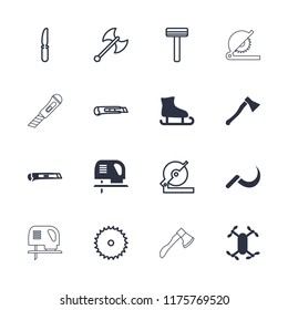 Blade icon. collection of 16 blade filled and outline icons such as cutter, axe weapon, razor, circular saw, axle with propeller. editable blade icons for web and mobile.