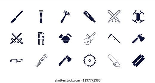 Blade icon. collection of 18 blade filled and outline icons such as razor, axe, chainsaw, axle with propeller, sword, gardening knife. editable blade icons for web and mobile.