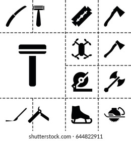 Blade icon. set of 13 filled bladeicons such as razor, bllade razor, circular saw, electric saw, axe, gardening knife, scalpel, axe weapon, axle with propeller