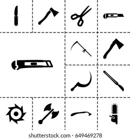 Blade icon. set of 13 filled bladeicons such as razor, chainsaw, knife, scythe, cutter, axe, scalpel, axe weapon, saw