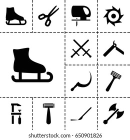 Blade icon. set of 13 filled bladeicons such as bllade razor, razor, electric saw, chainsaw, scythe, scalpel, axe weapon, saw, ice skate, sword, scissors