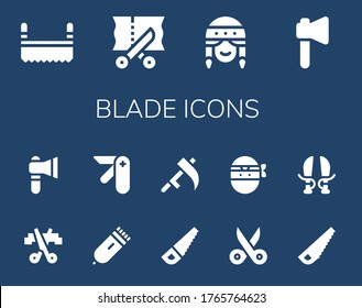 Blade-Icon-Set. 14 gefüllte Blade-Symbole. Sägen, Scheren, Lüfter, Ex, Rasiermesser, Taschenmesser, Scythe, Ninja, Schwertsymbole