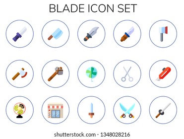 blade icon set. 15 flat blade icons.  Simple modern icons about  - knife, ax, cleaver, axe, dagger, fan, scissors, cutter, barbershop, sword, saber