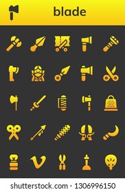 blade icon set. 26 filled blade icons.  Collection Of - Axe, Kunai, Scissors, Razor, Ninja, Sword, Barber, Ax, Grater, Lance, Mace, Sickle, Shaving brush, Vimeo, Excalibur, Fan
