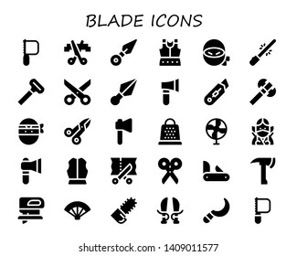 blade icon set. 30 filled blade icons.  Simple modern icons about  - Saw, Scissors, Kunai, Armour, Ninja, Saber, Razor, Axe, Cutter, Grater, Fan, Penknife, Fretsaw, Chainsaw, Sword