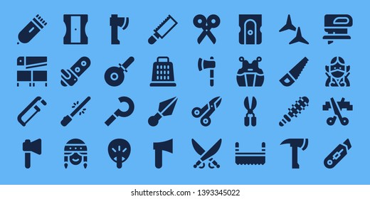 blade icon set. 32 filled blade icons. on blue background style Collection Of - Electric razor, Saw, Axe, Sharpener, Chainsaw, Saber, Fan, Pizza cutter, Sickle, Grater, Kunai