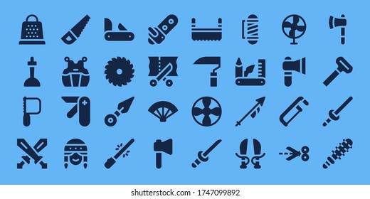 blade icon set. 32 filled blade icons. on blue background style Simple modern icons such as: Grater, Excalibur, Saw, Swords, Kendo, Pocket knife, Fan, Penknife, Kunai, Saber, Chainsaw
