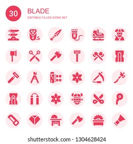 blade icon set. Collection of 30 filled blade icons included Katana, Electric shaver, Kunai, Ice skate, Ax, Scissors, Axe, Razor, Pruning shears, Shuriken, Scythe, Sharpener, Nunchaku