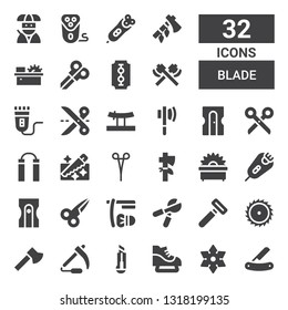 blade icon set. Collection of 32 filled blade icons included Blade, Shuriken, Ice skate, Cutter, Scythe, Ax, Saw, Razor, Pruning shears, Shave, Scissors, Sharpener, Axe, Nunchaku