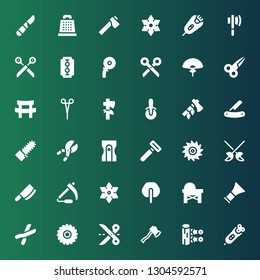 blade icon set. Collection of 36 filled blade icons included Electric razor, Kunai, Axe, Scissors, Saw, Cutters, Barber, Fan, Shuriken, Scythe, Cleaver, Fencing, Razor, Sharpener