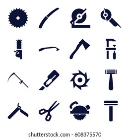 Blade icons set. set of 16 blade filled icons such as bllade razor, razor, cutter, circular saw, scythe, axe, gardening knife
