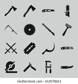 Blade icons set. set of 16 blade filled icons such as razor, bllade razor, blade saw, circular saw, chainsaw, scythe, cutter, gardening knife, axe, scalpel, axe weapon