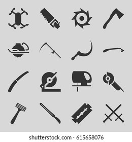 Blade icons set. set of 16 blade filled icons such as razor, circular saw, saw, electric saw, scythe, axe, gardening knife, scalpel, axle with propeller