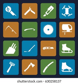 Blade icons set. set of 16 blade filled icons such as bllade razor, razor, blade saw, cutter, electric saw, scythe, gardening knife, scalpel, knife, axe weapon