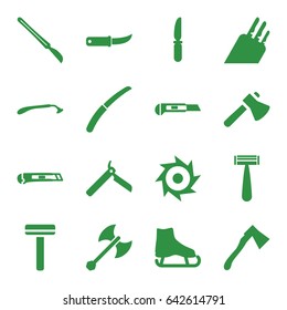 Blade icons set. set of 16 blade filled icons such as bllade razor, razor, axe, knife, cutter, gardening knife, scalpel, axe weapon, saw